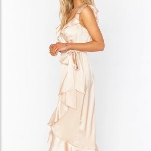 Show Me Your MuMu Samantha Ruffle Wrap Dress in Champagne Luxe Satin